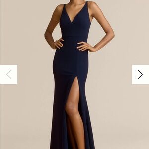 BHLDN Stella V-Neck Stretch Crepe Maxi Dress-Navy Blue